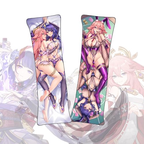 FDSAD Anime Kissenbezüge Genshin Impact Raiden Ei & Yae Miko Dakimakura kurzer Plüschstoff doppelseitiger Anime Körper Kissenbezug von FDSAD