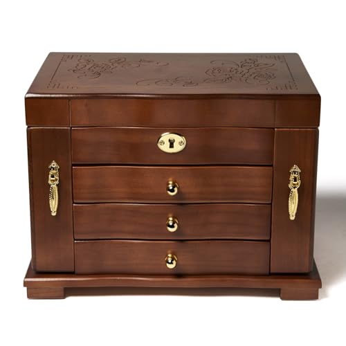 FEECOZ Schmuckschatulle aus Holz für Damen, Massivholz, Schmuck-Organizer mit Spiegel und 3 Schubladen, Ring, Halskette, Vintage-Stil, Aufbewahrungsbox mit Schloss (dunkelbraun (Rosenmuster) von FEECOZ