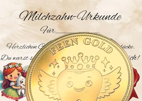 FEEN GOLD Zahnfeemünzen – Erinnerungsstücke zum Zahnwechsel für Kinder – Symbol für Mut, Rituale & erste Zähne (24 Karat vergoldet, mit Urkunde in beige) von FEEN GOLD