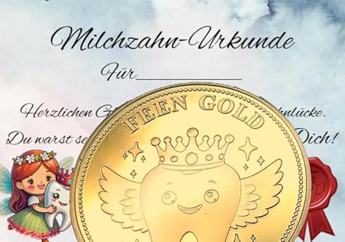 FEEN GOLD Zahnfeemünzen – Erinnerungsstücke zum Zahnwechsel für Kinder – Symbol für Mut, Rituale & erste Zähne (24 Karat vergoldet, mit Urkunde in blau) von FEEN GOLD