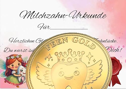 FEEN GOLD Zahnfeemünzen – Erinnerungsstücke zum Zahnwechsel für Kinder – Symbol für Mut, Rituale & erste Zähne (24 Karat vergoldet, mit Urkunde in rosa) von FEEN GOLD