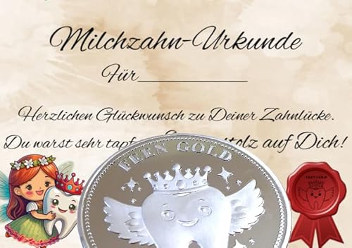 FEEN GOLD Zahnfeemünzen – Erinnerungsstücke zum Zahnwechsel für Kinder – Symbol für Mut, Rituale & erste Zähne (999 versilbert, mit Urkunde in beige) von FEEN GOLD