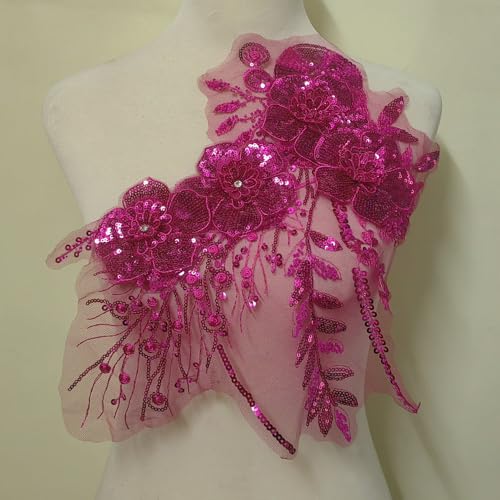 1 Stück Pailletten, reine handgefertigte Perlenstickerei, Spitzen-Pailletten, Bekleidungsdekoration, Zubehör, Abendkleid/Tanzkleidung, Dekoration, Kopfbedeckung, Zubehör (Rosarot) von FEEPOP