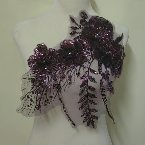 1 Stück Pailletten, reine handgefertigte Perlenstickerei, Spitzen-Pailletten, Bekleidungsdekoration, Zubehör, Abendkleid/Tanzkleidung, Dekoration, Kopfbedeckung, Zubehör (lila) von FEEPOP