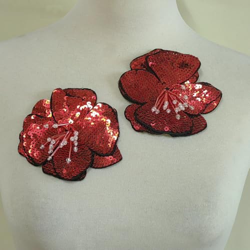 2 Stück Blau/Gold/Grün Pailletten Patch DIY Blume Perlen Patches für Kleidung Nähen auf Pailletten bestickt Patch Motiv Applikation (groß rot) von FEEPOP