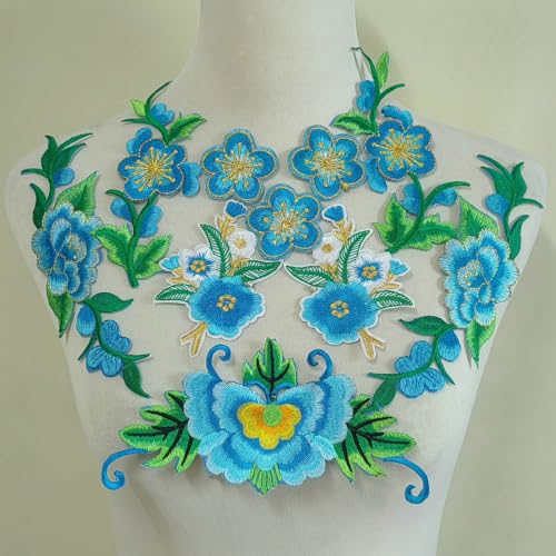 Ethnische Stickerei-Stoffaufkleber, Blumenbühne, Kleidung, Aufkleber, DIY-Materialien, Performance-Bekleidungszubehör, Seeblau von FEEPOP