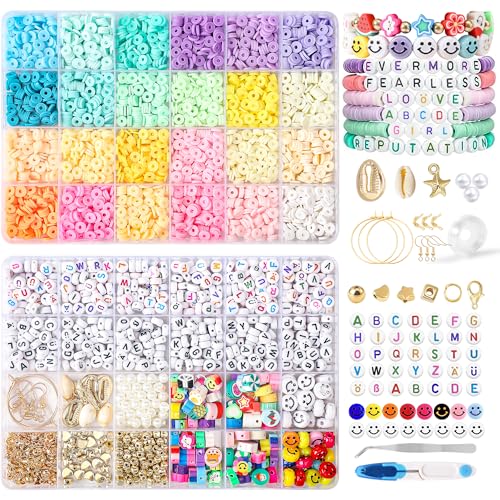FEHCBIO 8452 Stück Flaches Polymer Clay Perlen Set 6mm,Selber Machen Perlen für Armbänder zur Schmuckherstellungs mit Buchstabenperlen Lächeln zum Auffädeln,Geschenke für kinder & Erwachsene von FEHCBIO