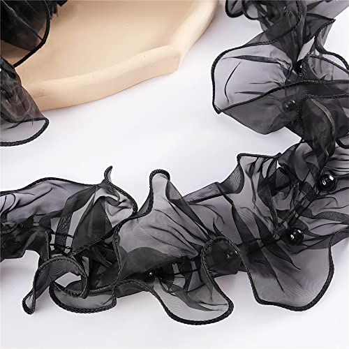 DIY Nähverfahren, Dekoration von Aufklebern, 12 cm Kantenbesätze, Stoff, Tüll, Gurtband, plissierte Spitzenbesätze, Applikation mit Rüschen for Hochzeitskleid, Kleid, Puppendekor(Black,4 Yards) von FEIAOPE