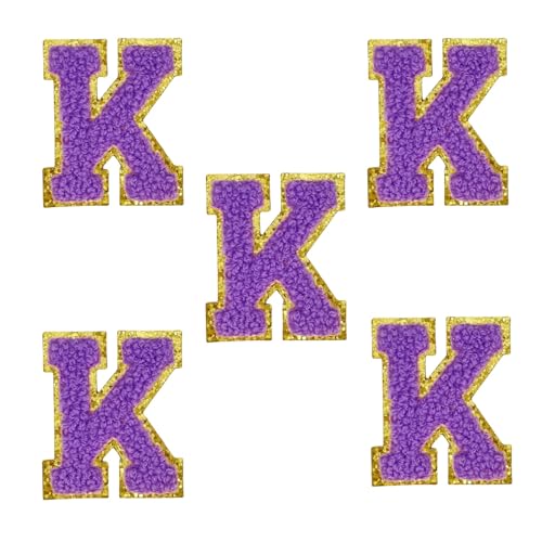 5,5 cm violette Chenille-Buchstaben-Aufnäher, selbstklebende Buchstaben-Aufnäher für Kleidung, zum Aufkleben, für Make-up-Taschen, Hüte, Rucksäcke, Jeans, Schuhe, Handwerk, Laptop (Buchstabe K) von FEIDICK