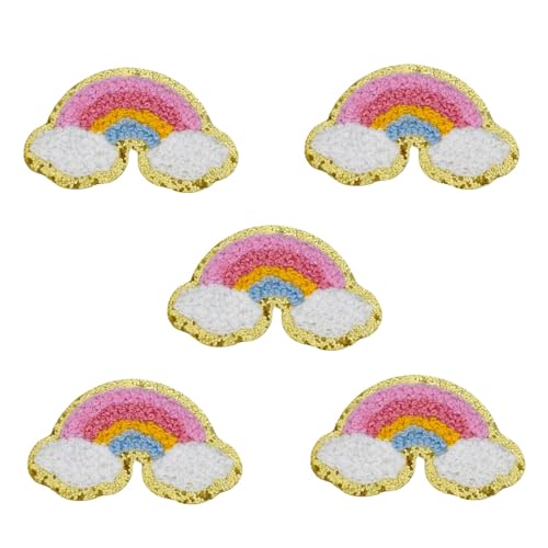 Regenbogen-Chenille-Patches, 7,6 cm, selbstklebende Flicken für Kleidung, zum Aufkleben auf bestickte Flicken, zum Aufbügeln für Hüte, Taschen, Rucksäcke, Jeans (Regenbogen mit goldenem Rand, 5 Stück) von FEIDICK