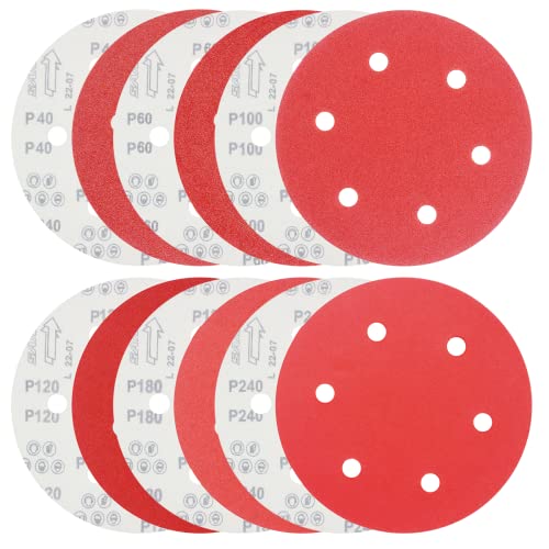 FEIHU Schleifscheiben Ø 225 mm | Körnung 10 x P40/60/100/120/180/240 | 6 Löcher in Rot | Schleifpapier für Trockenbau, Langhalsschleifer Set mit 60 Scheiben von FEIHU