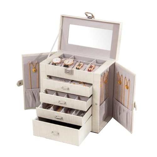 FEIYAN Schmuckkästchen für Damen, 5-lagig, Leder, Schmuck-Organizer mit Schubladen/Spiegel, weiße Schmuckschatulle, großes Schmuckkästchen für Halsketten, Ringe, Ohrringe, Uhren (weiß) von FEIYAN