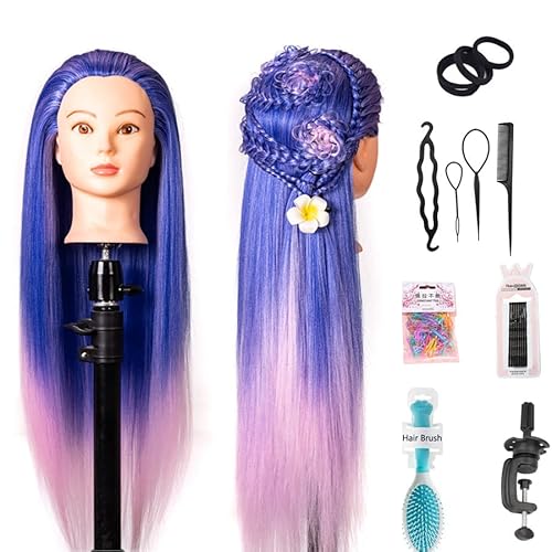 Frisierkopf Trainingsköpfe Übungskopf, Echthaar Friseurkopf Synthetic Hairdressing Cosmetology Mannequin Puppenkopf Schaufensterpuppe mit Halterung, Haar Zubehör für Frisöre (Pulverblau) von FEIYANJF