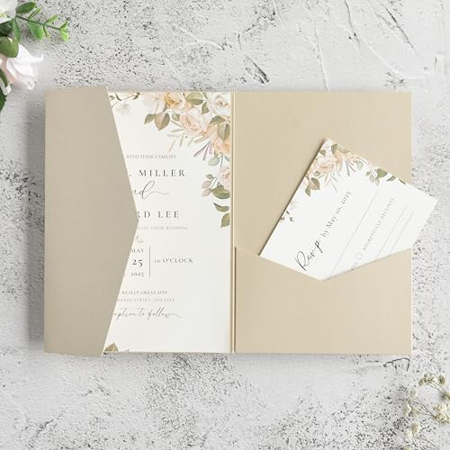 FEIYI 20 Stück Champagnerfarbene dreifach gefaltete Hochzeitseinladungstaschen für 12,7 x 17,8 cm Hochzeitskarten, Brautparty, Verlobung, Quinceanera-Einladung FEIYI 20 Stück Champagnerfarbene dreifach gefaltete Hochzeitseinladungstaschen für 12,7 x 17,8 cm Hochzeitskarten, Brautparty, Verlobung, Quinceanera-Einladung von FEIYI