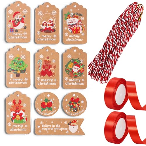 FENGCHUANG 50 Stück Geschenkanhänger Weihnachten set, Geschenkanhänger Weihnachten Kraftpapier mit 50 Seilen und 44m Geschenkband Rot Breit für Weihnachtsbaumschmuck und Geschenkverpackung FENGCHUANG 50 Stück Geschenkanhänger Weihnachten set, Geschenkanhänger Weihnachten Kraftpapier mit 50 Seilen und 44m Geschenkband Rot Breit für Weihnachtsbaumschmuck und Geschenkverpackung von FENGCHUANG