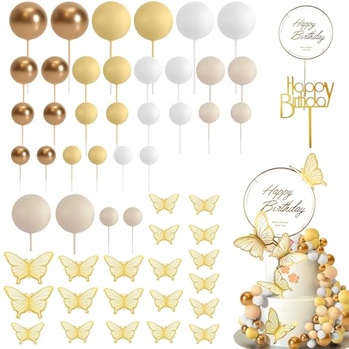 54 Stück Tortendeko Kugeln Cake Topper, Schmetterling Deko Geburtstag, Happy Birthday Tortendeko Kugeln, Torten Deko, Cake Topper, Baby Geburtstag (khaki) von FENGJIAHUI