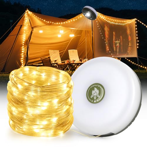 FENGQ Camping Lichterkette Aufrollbar, 2 in 1 Tragbare LED Lichterkette 10M, USB Wiederaufladbare Campinglampe Verstaubare Wasserdicht Außenbereich Camping Zubehör für Camping Garten Wandern von FENGQ