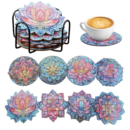 FENGQQKJ 8 Stück Untersetzer Diamond Painting Lotus 5D Diamant Painting Untersetzer mit Halter DIY Coasters für Gläser Selbstklebende Kork Getränke Untersetzer Mosaik Bastelset für Erwachsene von FENGQQKJ