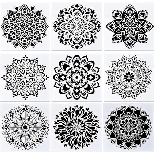 FENGQQKJ Schablonen Wandgestaltung Groß Mandala Schablonen Stencils Set 9 Stück Schablone Blumen Malerei Wandschablonen DIY Malerei Vorlage Zeichenschablonen für Basteln Backen von FENGQQKJ