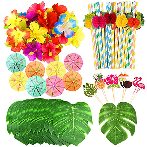 FEPITO 184 PCS tropische hawaiische Partydekorationen schließt tropische Palmblätter, Hibiscus-Blumen, Getränk-Regenschirm-Auswahl, bunte Frucht-Strohe und Kuchendeckel mit ein von FEPITO