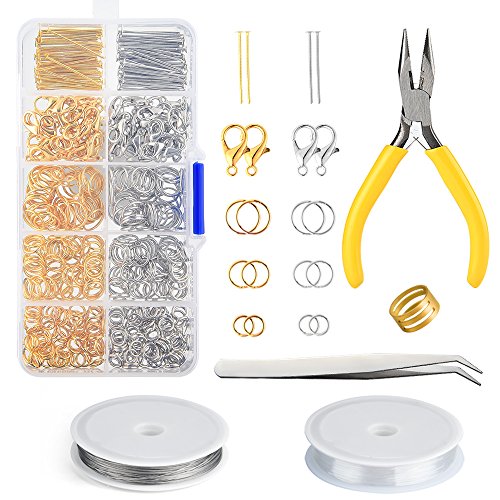 FEPITO Schmuckherstellung Kit Anfänger Werkzeug Kit Schmuck Reparatur Kit Silber und Gold Karabinerverschluss Offene Binderinge und Pin Schmuck Zubehör Kit mit Zangen von FEPITO