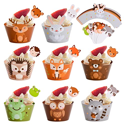 48 Stück Tier Cupcake Wrapper Papier, Waldtiere Kuchendeckel, Tier Cake Topper, Kuchen Deko Waldtiere, für Dschungel Safari Party, für Kinder Geburtstag Party, Hochzeit Kuchen Deko Dekoration Supplies von FESSOSKO