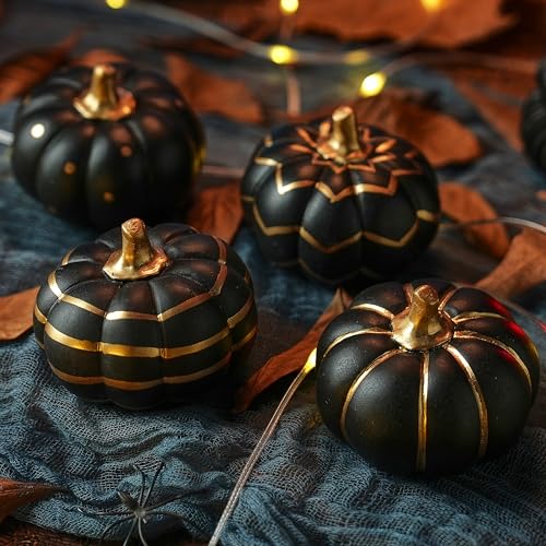 FESTGLOX Halloween-Kürbis-Dekoration, moderne schwarze Kürbisse zum Dekorieren, kleiner dekorativer Kürbis mit goldfarbenem Stiel für Tischdekoration, Herbst, Erntedankfest, Halloween-Dekoration für FESTGLOX Halloween-Kürbis-Dekoration, moderne schwarze Kürbisse zum Dekorieren, kleiner dekorativer Kürbis mit goldfarbenem Stiel für Tischdekoration, Herbst, Erntedankfest, Halloween-Dekoration für von FESTGLOX