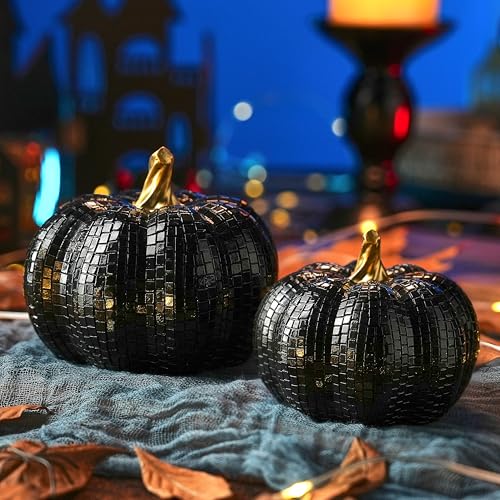 FESTGLOX Schwarze Kürbisse für Halloween-Dekor, Halloween-Kürbis-Dekor mit Disco-Effekt, moderne schwarze Kürbisse zum Dekorieren, kleiner dekorativer Kürbis mit goldenem Stiel für Tischplatte, Herbst FESTGLOX Schwarze Kürbisse für Halloween-Dekor, Halloween-Kürbis-Dekor mit Disco-Effekt, moderne schwarze Kürbisse zum Dekorieren, kleiner dekorativer Kürbis mit goldenem Stiel für Tischplatte, Herbst von FESTGLOX