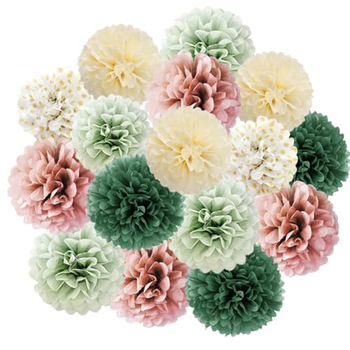 16 Stück Pompons Deko Salbeigrün Rosa Olivgrün Beige Seidenpapier Pompoms Grün Rosa Sage Green Party Deko für Brautparty Babyparty Geburtstagsdeko Grün Rosa Rustikale Hochzeit Salbeigrün von FETETIJD