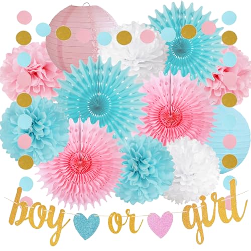 Baby Gender Reveal Party Dekoration Blau Rosa Papier Pompons Papierfächer Papier Laterne Girlande Junge oder Mädchen Banner Babyparty Dekoration für Gender Reveal Baby Shower Party Deko von FETETIJD