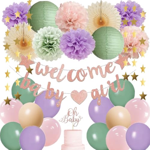 Baby Shower Girl Decorations Sage Green Purple Pink Welcome Baby Girl Sage Green Dusty Pink Light Purple Party Decorations with Ob Baby Cake Topper Rose Gold von FETETIJD