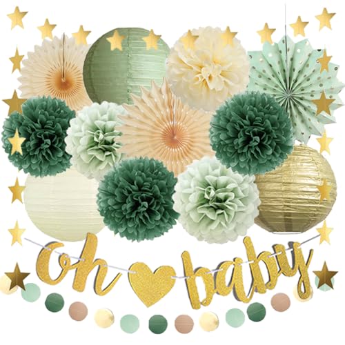Babyparty Deko Grün Gold Beige Babyparty Deko Salbeigrün Mädchen Olivegrün Salbei Babyshowerparty Deko Junge Grün Beige mit Oh Baby Girlande Gold für Gender Reveal Party Deko Neutral Grün von FETETIJD