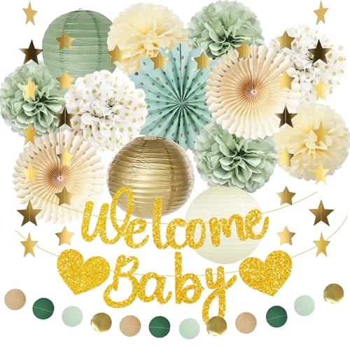 Babyparty Deko Grüne Gold Baby Shower Deko Baby Party Dekoration Oh Baby Deko Papier Pom Poms Papierfächer Laternen Babyshowerparty Neutral Gender Reveal Party Dekoration Boy Girl von FETETIJD