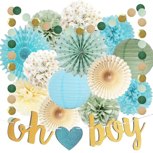Babyparty Deko Junge, Salbeigrün Blau Baby Shower Dekoration, Oh Boy Banner, Salbeigrün Blau Creme Papierfächer Kreis Punkt Girlanden für Neutral Baby Party Baby Shower Junge Deko Babyparty Deko Junge, Salbeigrün Blau Baby Shower Dekoration, Oh Boy Banner, Salbeigrün Blau Creme Papierfächer Kreis Punkt Girlanden für Neutral Baby Party Baby Shower Junge Deko von FETETIJD