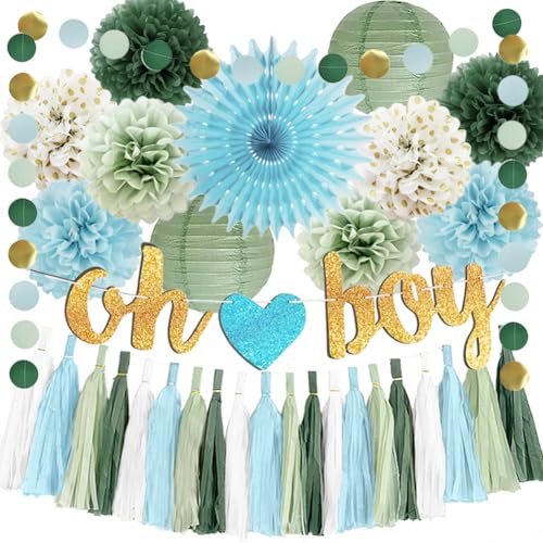 Babyparty Deko Junge Salbeigrün Blau Baby Shower Deko Oh Boy Banner Grün Blau Seidenpapier Pom Poms Papier Girlande für Neutral Gender Reveal Party Deko von FETETIJD