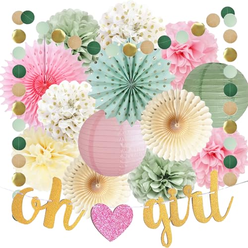 Babyparty Deko Mädchen, Salbeigrün Rosa Baby Shower Dekoration, Oh Girl Banner, Salbeigrün Rosa Creme Papier Pompons, Papierfächer Laternen für Neutral Baby Party Baby Shower Mädchen Deko Babyparty Deko Mädchen, Salbeigrün Rosa Baby Shower Dekoration, Oh Girl Banner, Salbeigrün Rosa Creme Papier Pompons, Papierfächer Laternen für Neutral Baby Party Baby Shower Mädchen Deko von FETETIJD