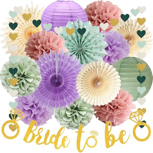 Bachelorette-Party-Dekorationen, Albeigrün und Violett, Altrosa "Bride to Be", Party-Dekoration, Salbei, Hellviolett, Blush Pink, Seiden-Poms, Papierlaternen, Papierfächer für Hochzeit, Brautparty von FETETIJD