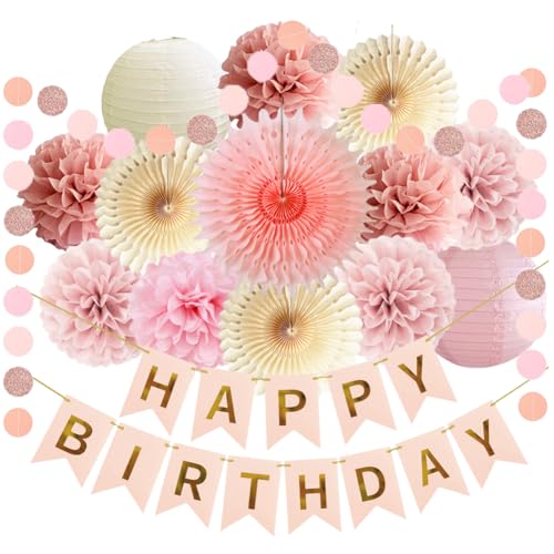 Geburtstagsdeko Mädchen Frauen Geburtstag Party Deko Rosa Beige Seidenpapier Pom Poms Happy Birthday Girlande Boho Blush Rosa Party Deko von FETETIJD