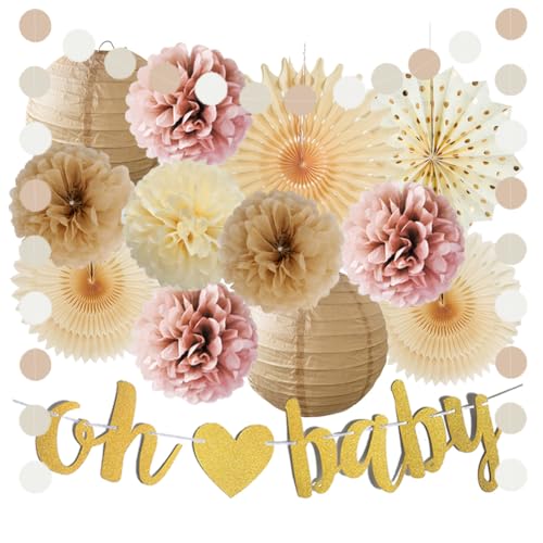 Boho Babyparty Deko Mädchen Beige Rosa Babyparty Deko Braun Beige Rosa Baby Shower Deko Neutral Gender Reveal Babyshowerparty Boho mit Oh Baby Girlande Gold von FETETIJD