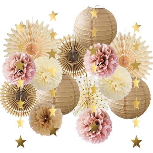 Party Deko Beige Rosa Braun Party Deko Beige Boho Geburtstag Altrosa Beige Boho Rosa Babyparty Mädchen Neutral Hochzeit Vintage Papierfacher Papierlaternen Pompons Altrosa Kit von FETETIJD