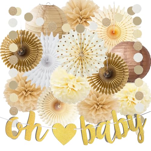 Braune und beige Babyparty-Dekorationen Oh Baby Banner Seidenpapier Pom Poms Papierfächer Laternen Kreis Punkt Girlande Neutral Braun Geburtstag Party Boho Babyparty Rustikale Party-Dekorationen von FETETIJD