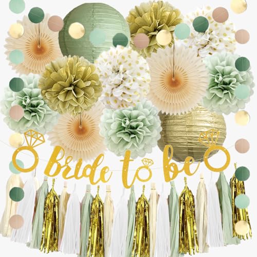 Brautdusche Dekorationen Salbeigrün und Gold Junggesellinnenabschied Dekorationen Bride to Be Banner Gold Salbeigrün Seidenpapier Pom Poms Laternen Fans Beige Kit mit Beige Weiß Quaste Girlande von FETETIJD