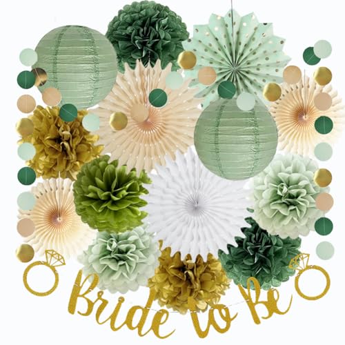 Bride to Be Deko Salbeigrün Bridal Shower Party Deko Jga Deko Olivgrün Gold Seidenpapier Pom Poms Papierfächer Papierlaterne for Junggesellenabschied Brautdusche Party Dekoration von FETETIJD