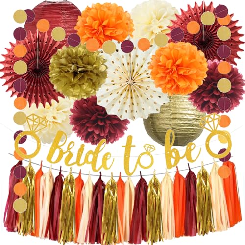 Burgunderrot Gold Orange Bride to Be Deko Bridal Shower Party JGA Deko Seidenpapier Pom Poms Papierfächer Papierlaterne Girlanden for Herbst Junggesellenabschied Brautdusche Party Dekoration von FETETIJD