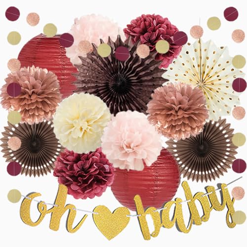 Burgunderrot Rosa und Gold Babyparty-Dekorationen Herbstbraun Kastanienbraun Burgunderrot Babyparty-Dekorationen Herbstthema für Mädchen Papierlaternen Fans Pom Poms Kit mit Banner Gold von FETETIJD