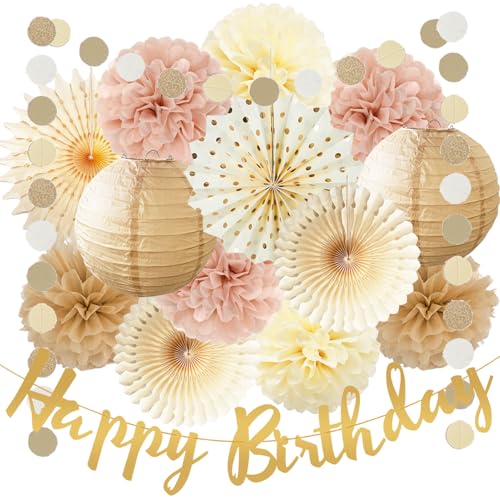 Champagner-Gold-Beige-Geburtstagsdekorationen für Frauen und Mädchen, Happy Birthday-Banner, Dusty Rose, neutrale Creme, Seidenpapierlaternen, Jahrestag, Babyparty, Geburtstag, Herbst von FETETIJD