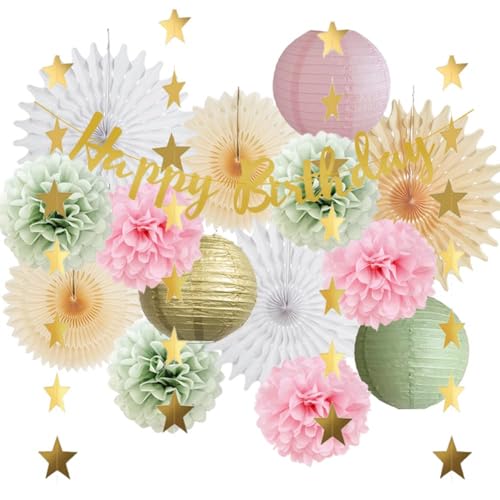 Geburtstagsdeko Rosa Grün Party Geburtstag Deko Grün Rosa Weiße Papierfächer Geburtstagsdeko Salbeigrün Rosa Pompons Deko Salbei Kit Geburtstagsdeko Salbei mit Happy Birthday Banner für Mädchen von FETETIJD