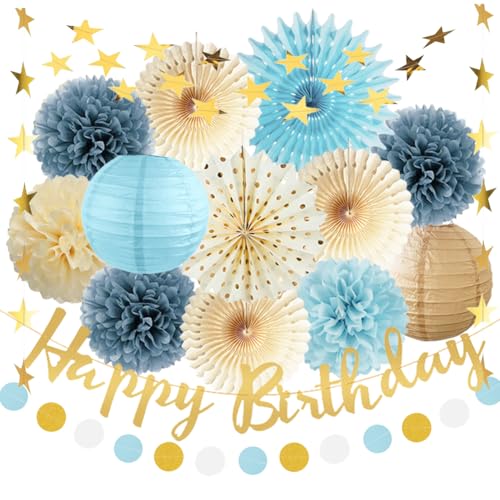 Dusty Blue and Beige Birthday Decorations Light Blue Boho Birthday Decorations Paper Pom Poms Fans Paper Lanterns Banner for Men Women Boys Girls von FETETIJD