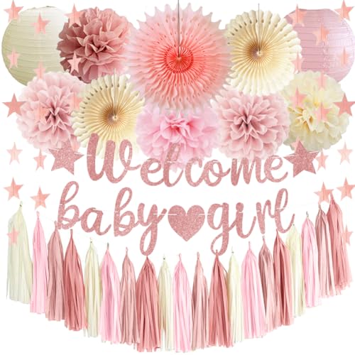 Dusty Pink Girl Baby Shower Decorations Blush Beige Baby Shower Decorations Welcome Baby Banner Dusty Pink Cream Paper Pom Poms Fans Lanterns Paper Tassel Garland for Baby Girls von FETETIJD