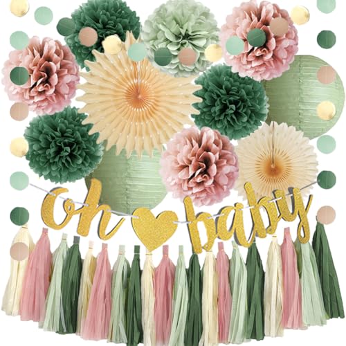 Dusty Pink and Sage Green Baby Shower Decorations Boho Oh Baby Shower Decorations for Girl Dusty Rose and Sage Green Paper Lanterns Pom Poms Beige Fans with Olive Cream Tassel Garland von FETETIJD